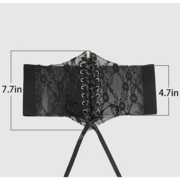 Black Floral Lace PVC Lace Up Corset Elastic Wide Waistband Belt Girdle - Picture 8 of 9